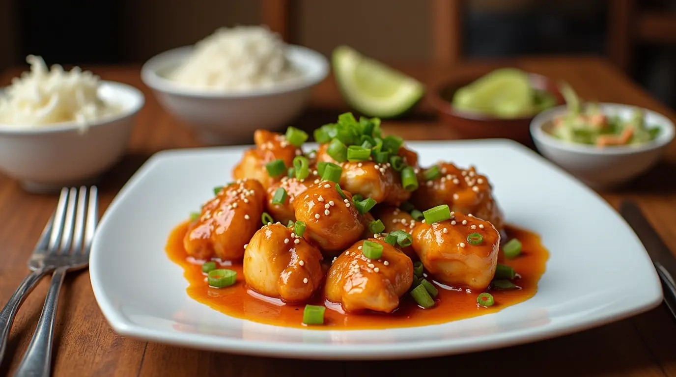 Golden fried chicken tossed in a homemade Bang Bang sauce garnished with green onions