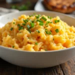 A creamy bowl of cheesy rice garnished with fresh parsley, served warm.