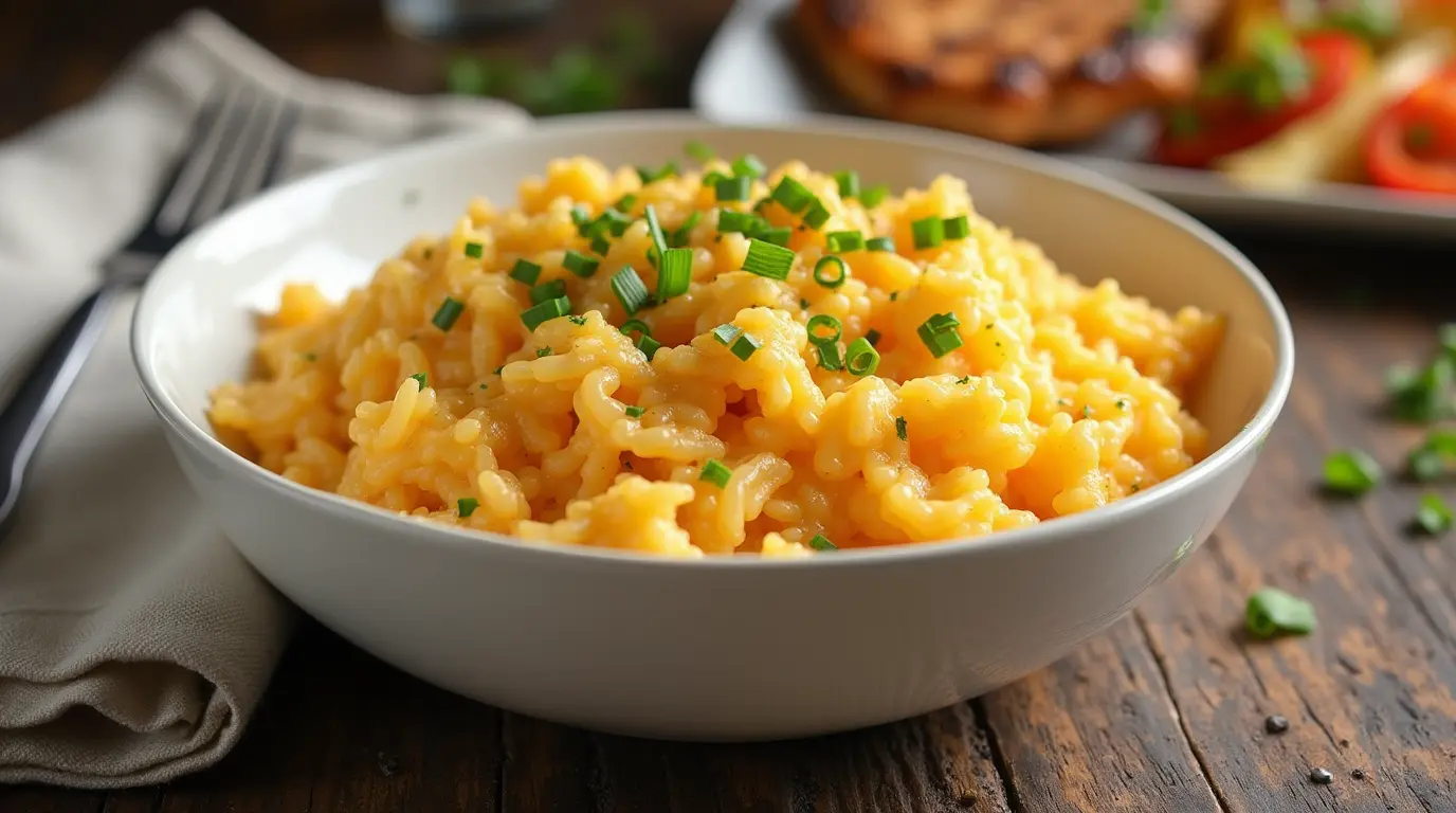 A creamy bowl of cheesy rice garnished with fresh parsley, served warm.