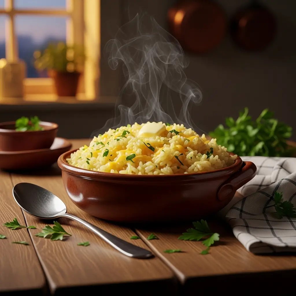 Cheesy Rice Made Easy creamy rice with melted cheese in bowl