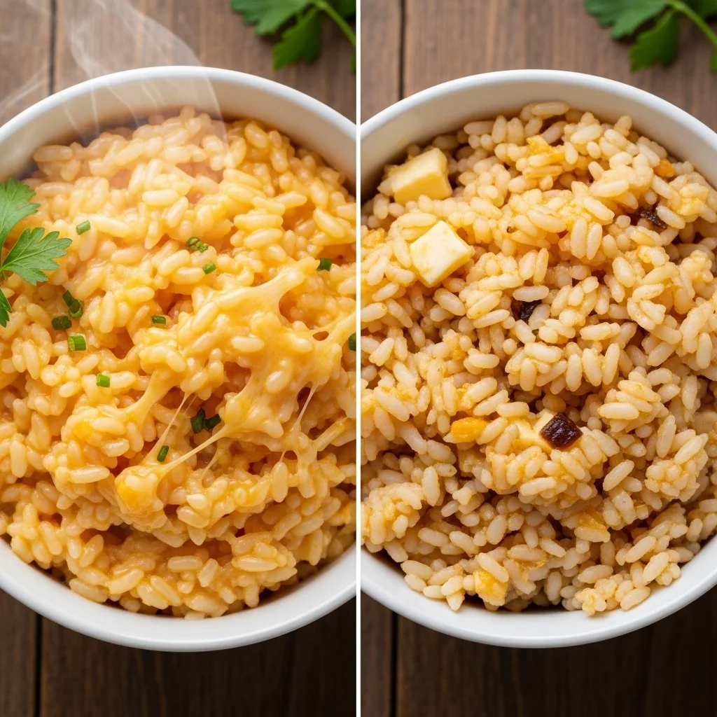 Cheesy Rice Made Easy creamy rice with melted cheese in bowl