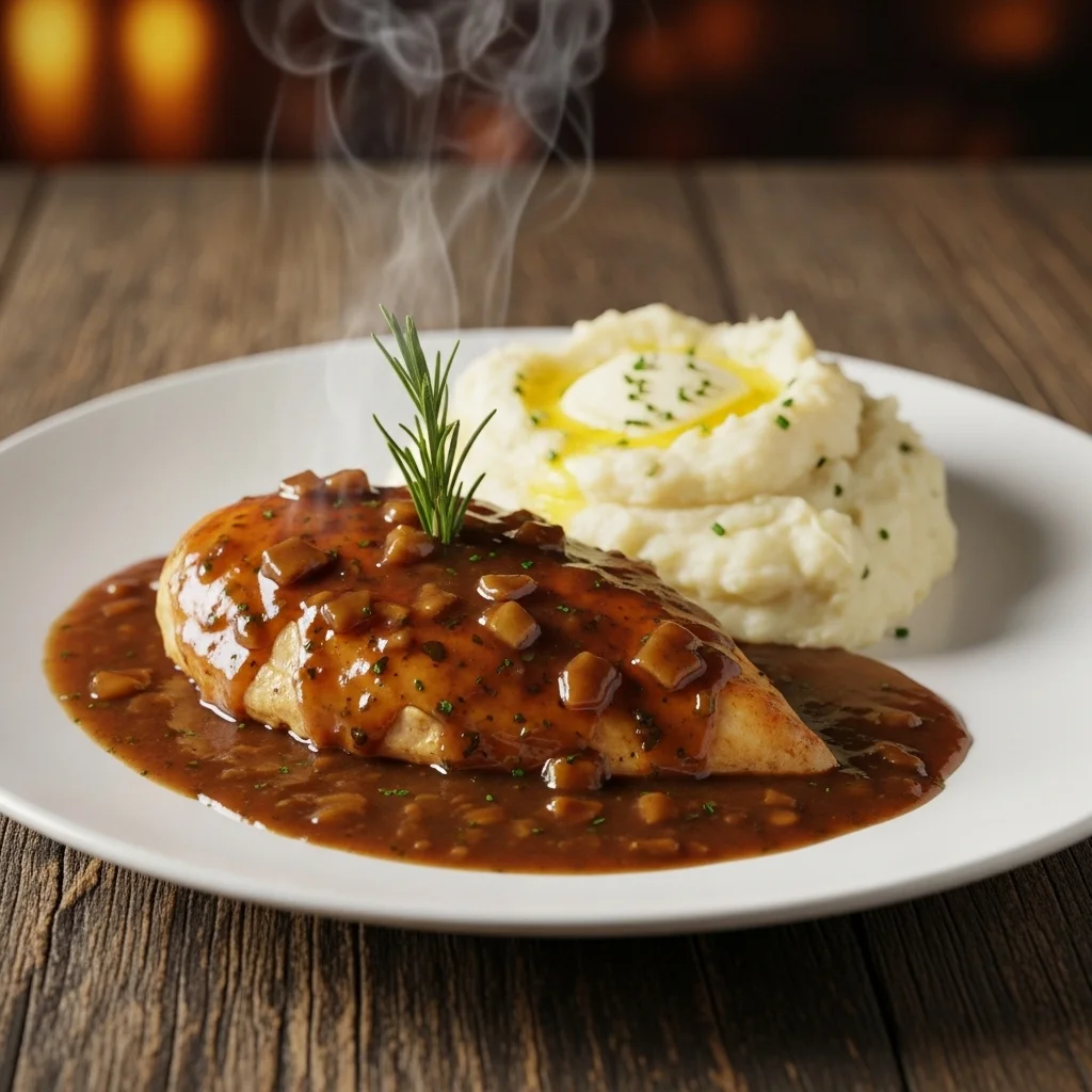 finished smothered chicken recipe served with gravy