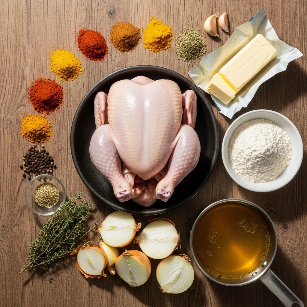 smothered chicken recipe ingredients arranged for cooking
