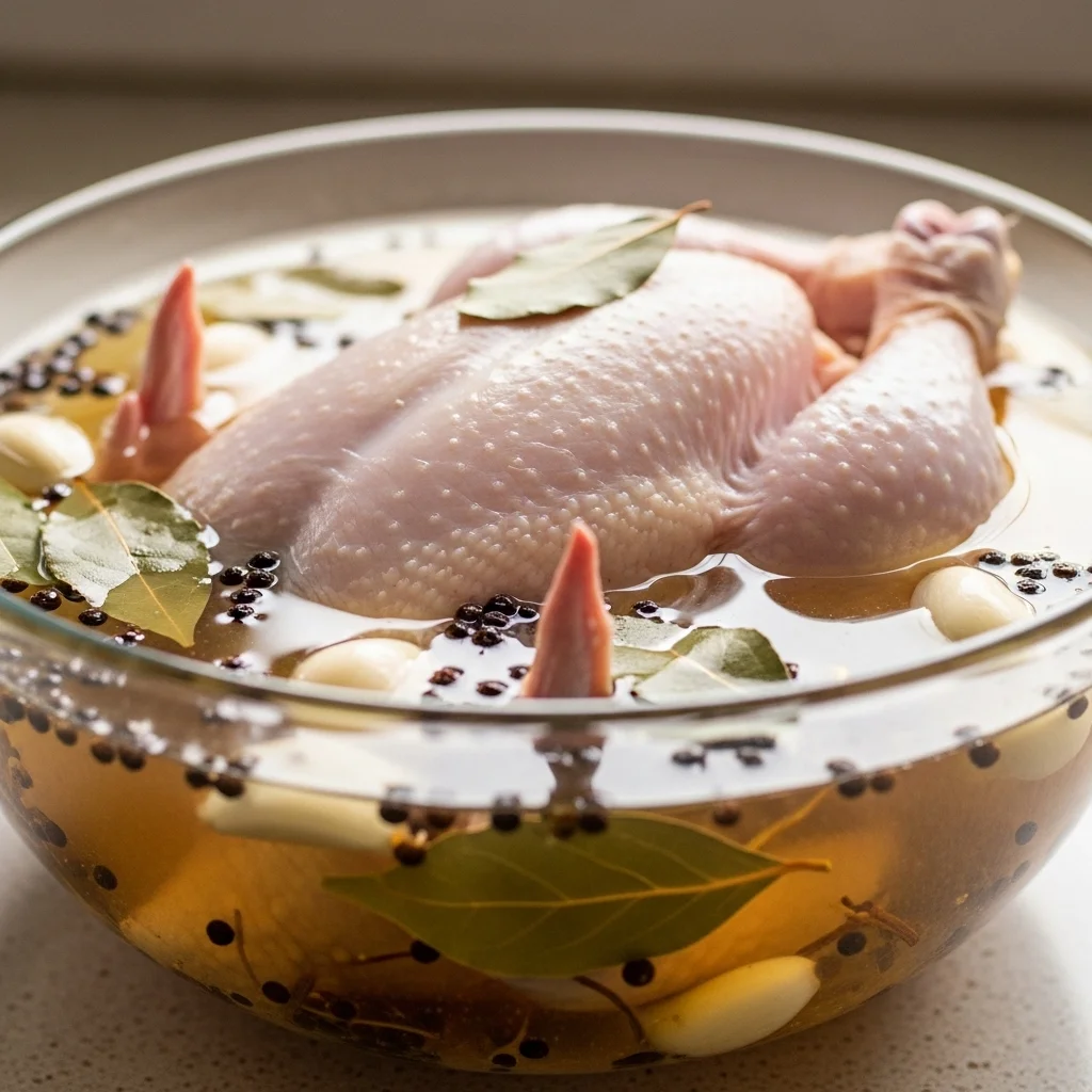 Juicy roasted chicken made using chicken brine recipe