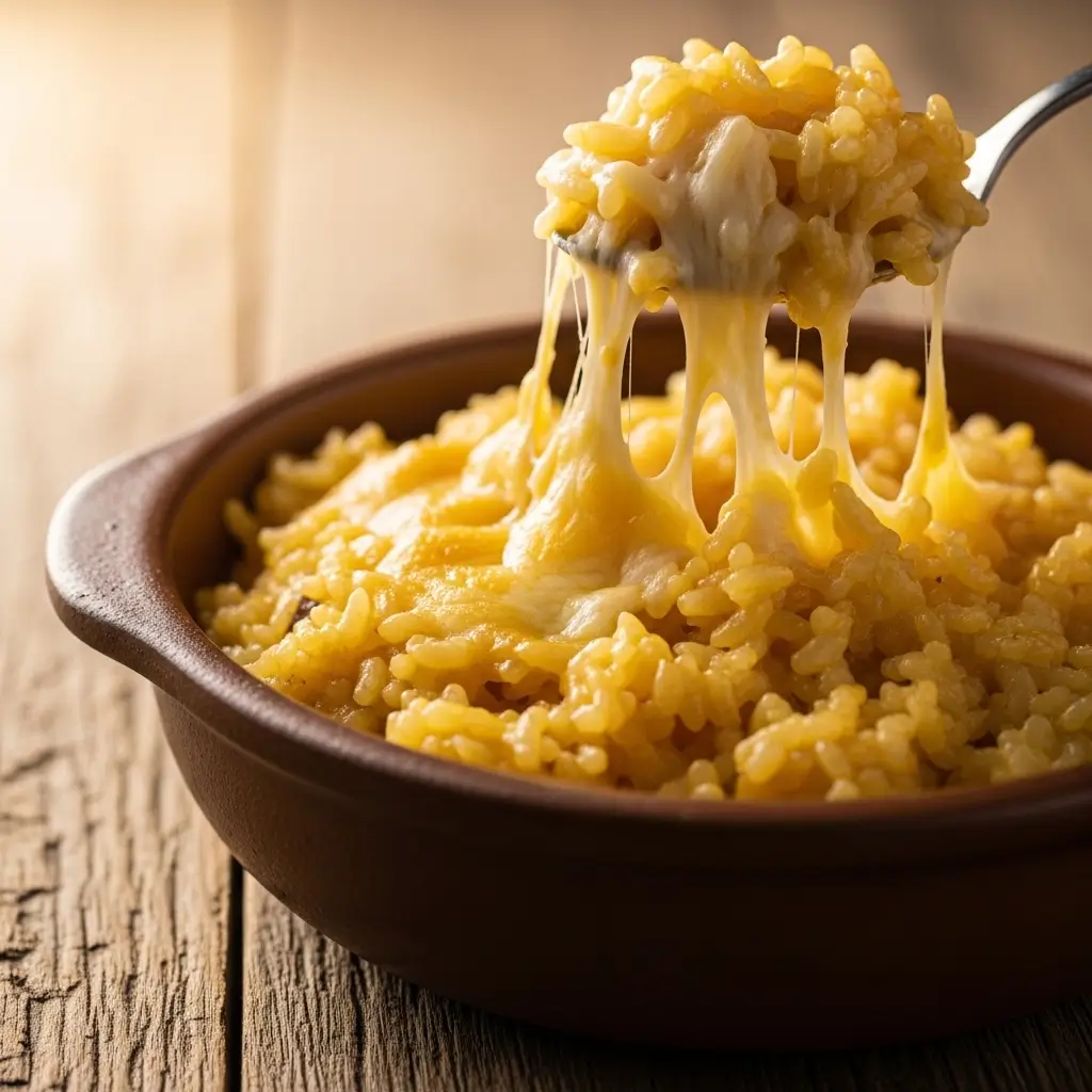 Cheesy Rice Made Easy creamy rice with melted cheese in bowl
