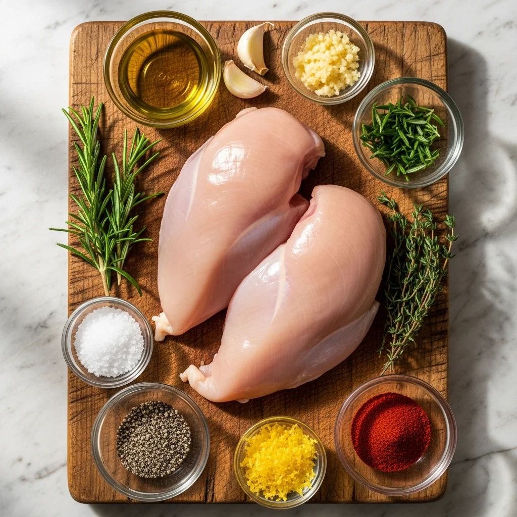 Ingredients for bone in chicken breast recipes on wooden board