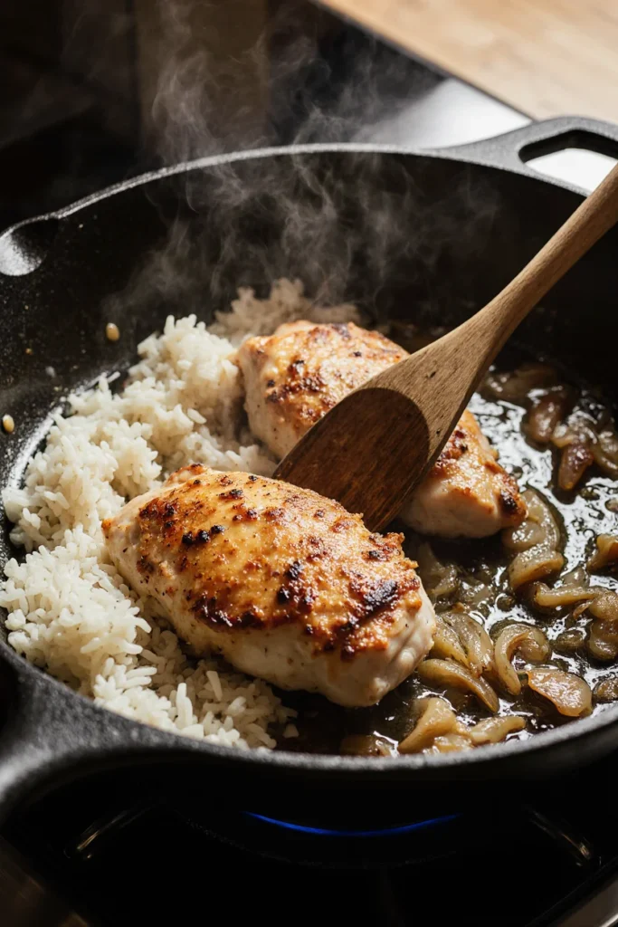 cooking keyword one pan chicken and rice in skillet