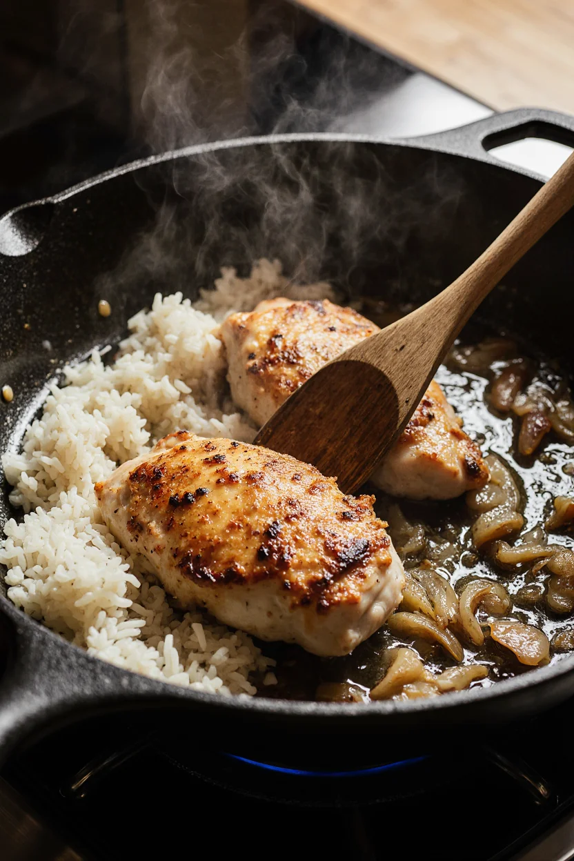 cooking keyword one pan chicken and rice in skillet