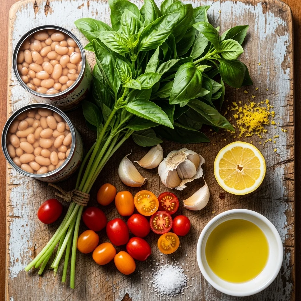 white bean and basil recipe ingredients flat lay