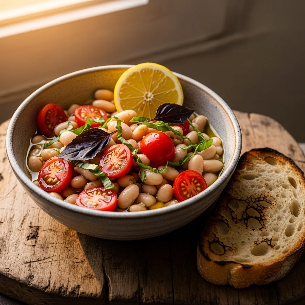 white bean and basil recipe served in ceramic bowl
