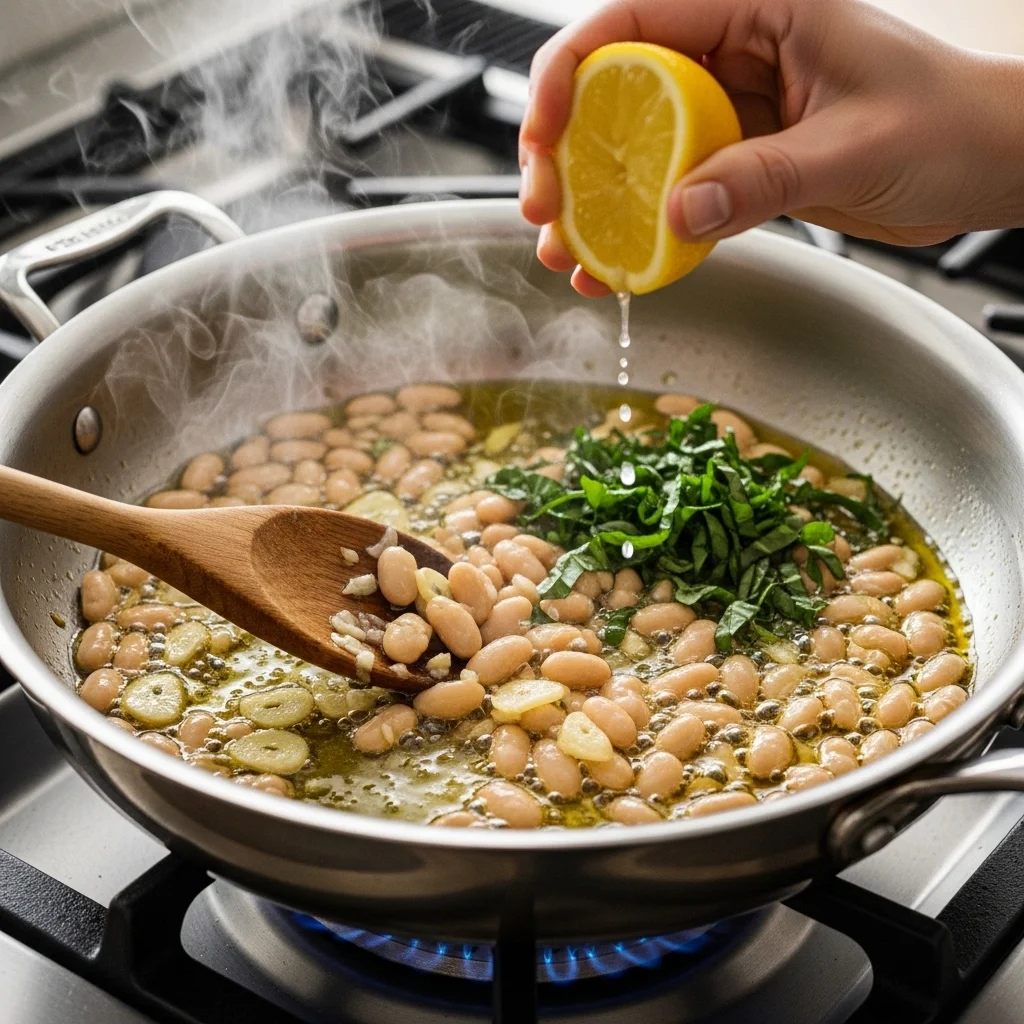 cooking white bean and basil recipe in a pan