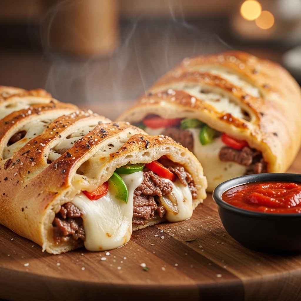 homemade Mozzarella Cheesesteak Stromboli recipe
