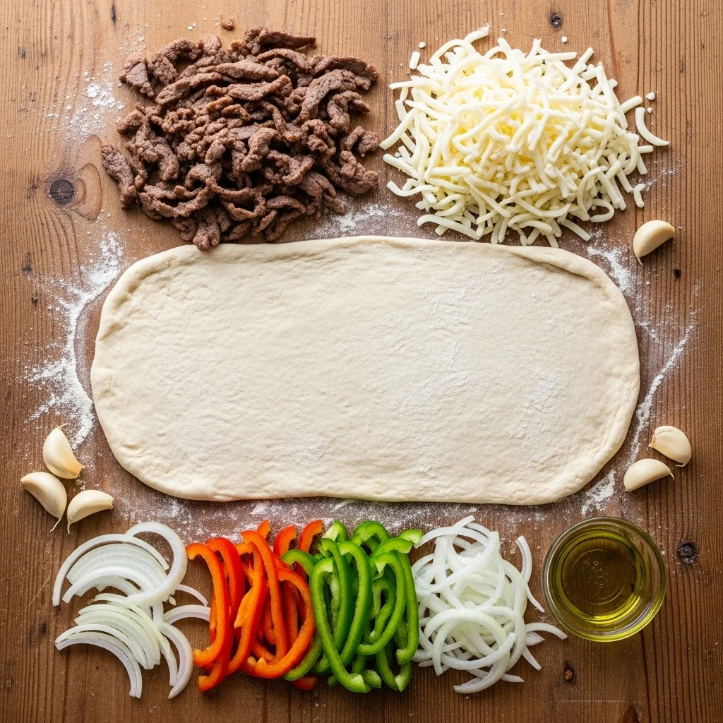 ingredients for Mozzarella Cheesesteak Stromboli