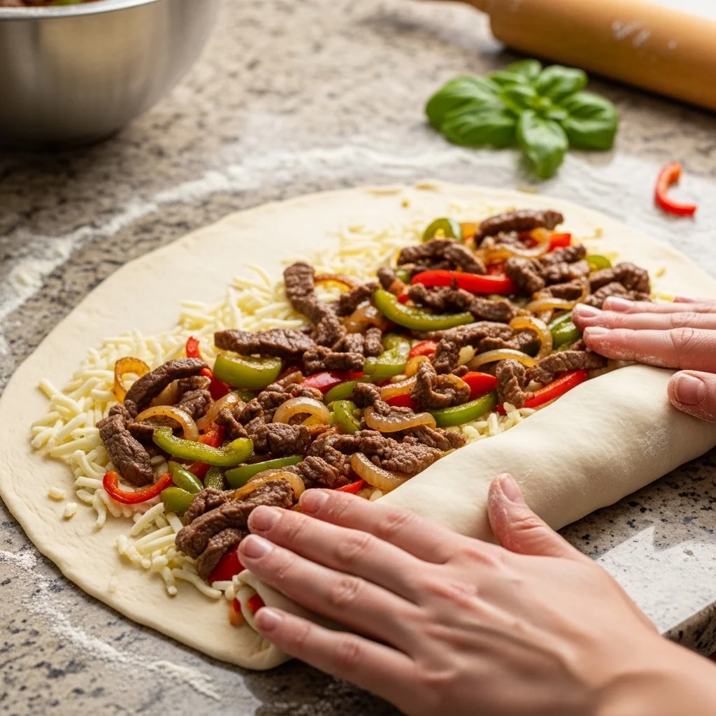 preparing Mozzarella Cheesesteak Stromboli