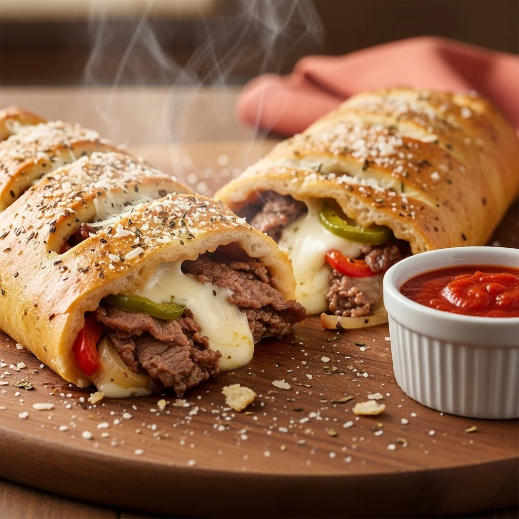 Mozzarella Cheesesteak Stromboli served
