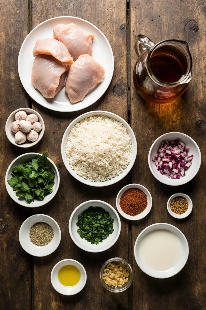 ingredients for keyword one pan chicken and rice recipe