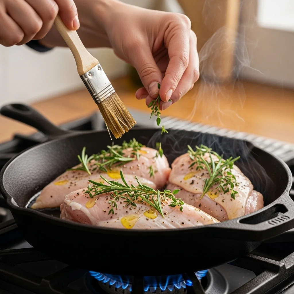 Preparing bone in chicken breast recipes in skillet
