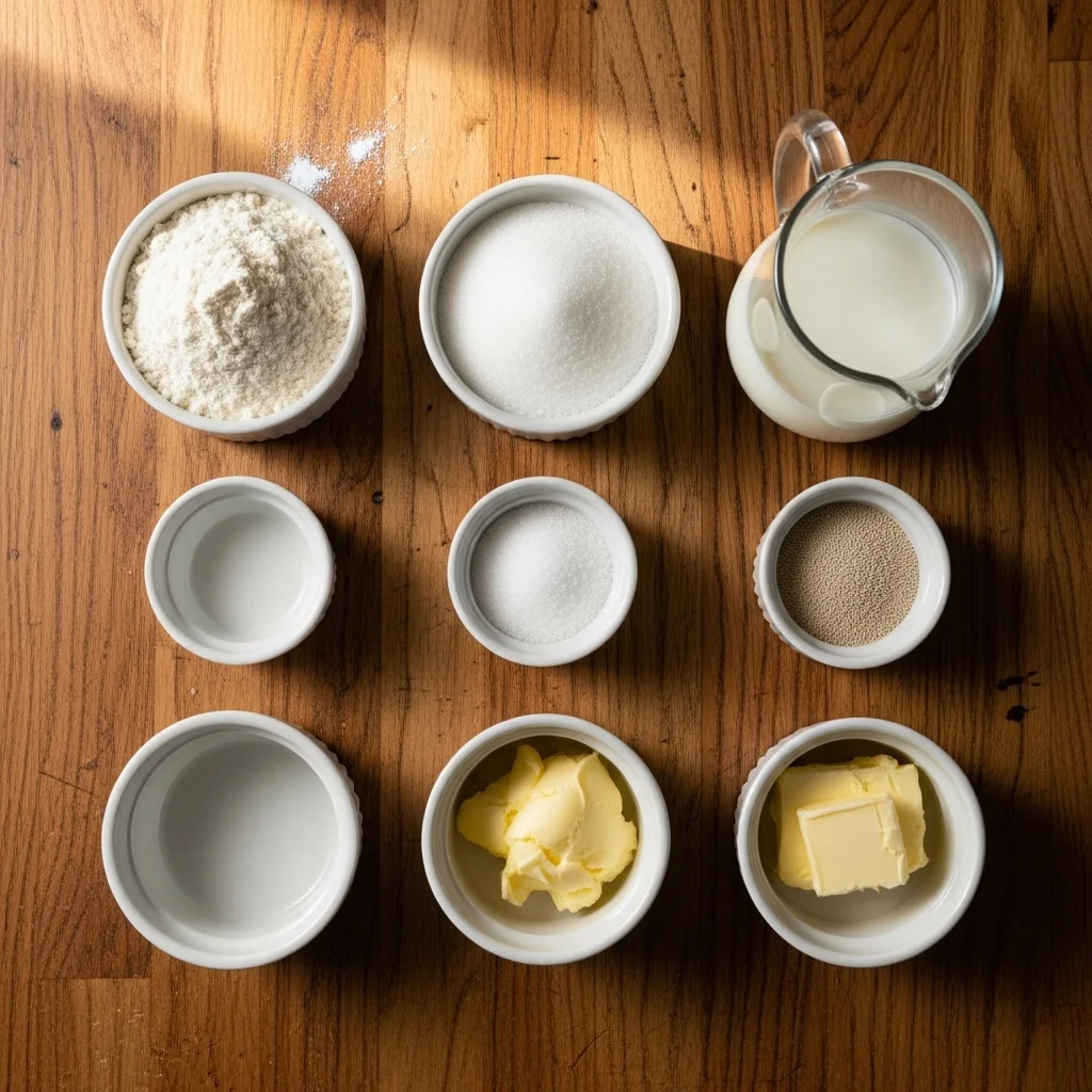 sandwich bread recipe ingredients on kitchen table