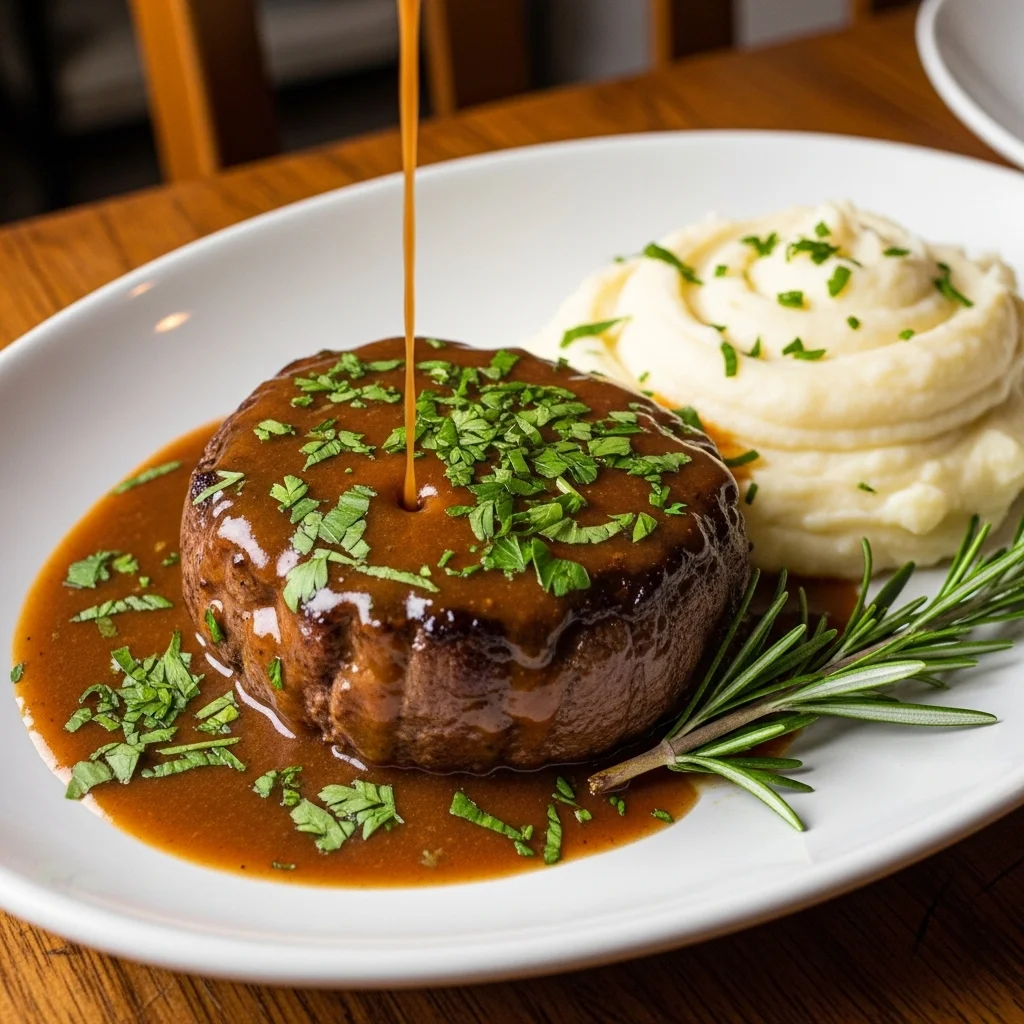 Tender beef round steak recipe served with sauce on plate