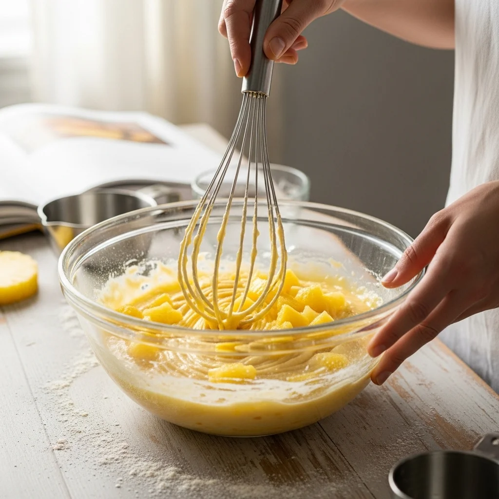 preparing pineapple cake recipe batter in bowl