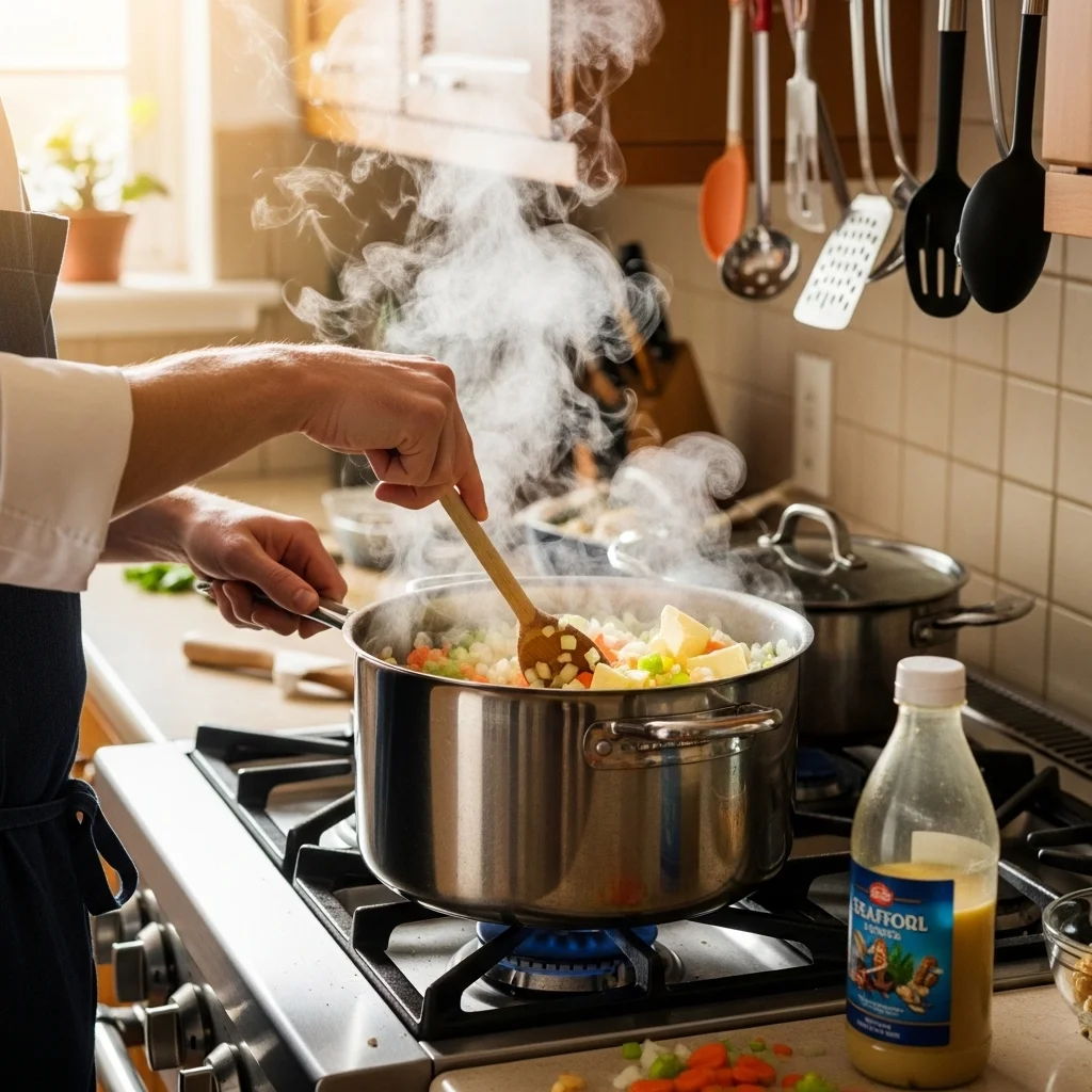 cooking seafood bisque with crab shrimp and lobster