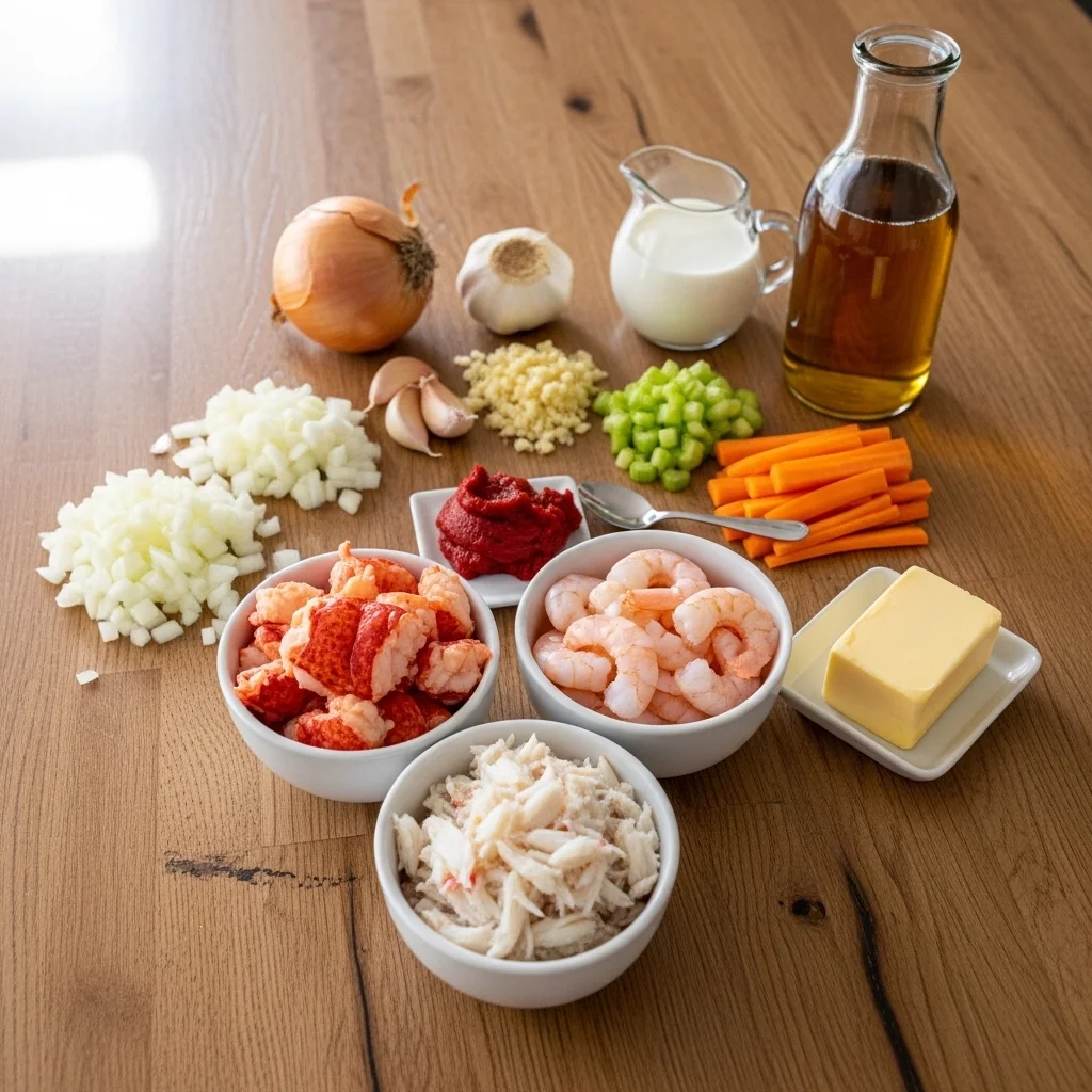 ingredients for seafood bisque with crab shrimp and lobster