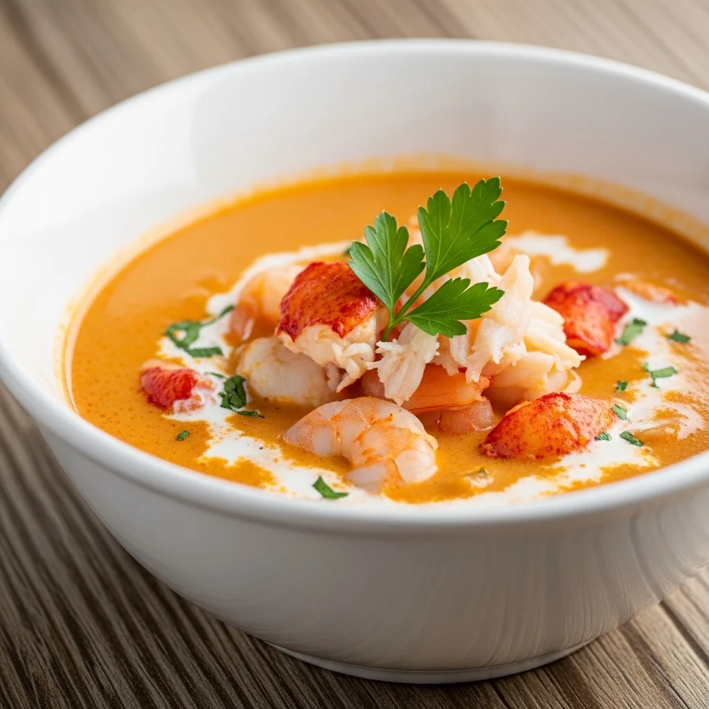 Seafood bisque with crab shrimp and lobster creamy homemade soup