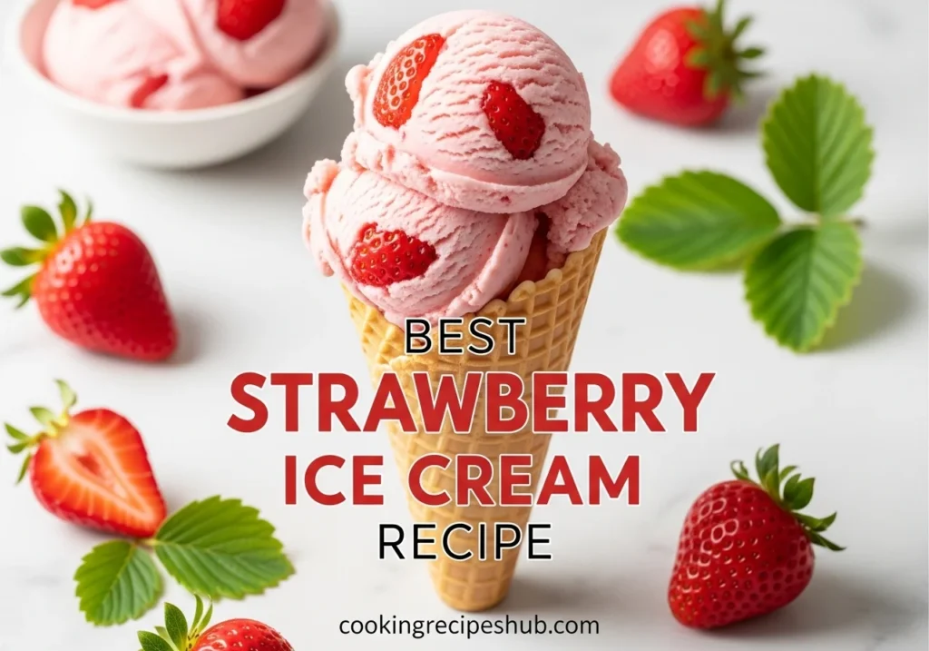 Best strawberry ice cream recipe no-churn homemade pink scoops waffle cone