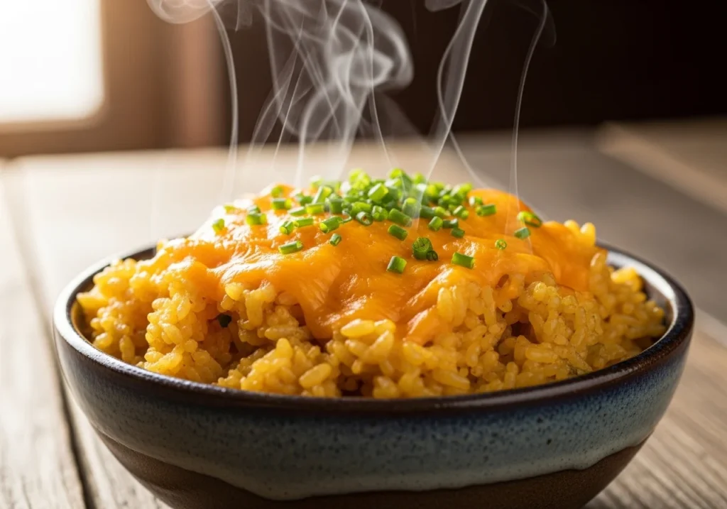Easy cheesy rice recipe in a bowl with melted cheddar cheese and fresh chives
