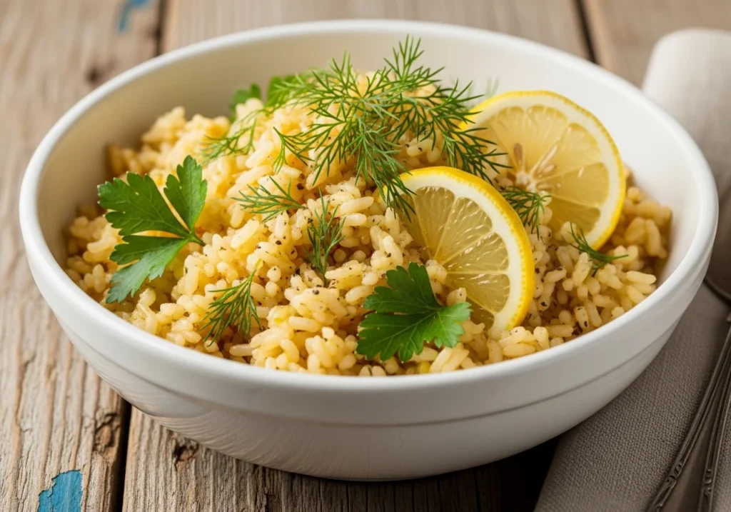 Greek lemon rice in a white bowl garnished with fresh dill and lemon wedges