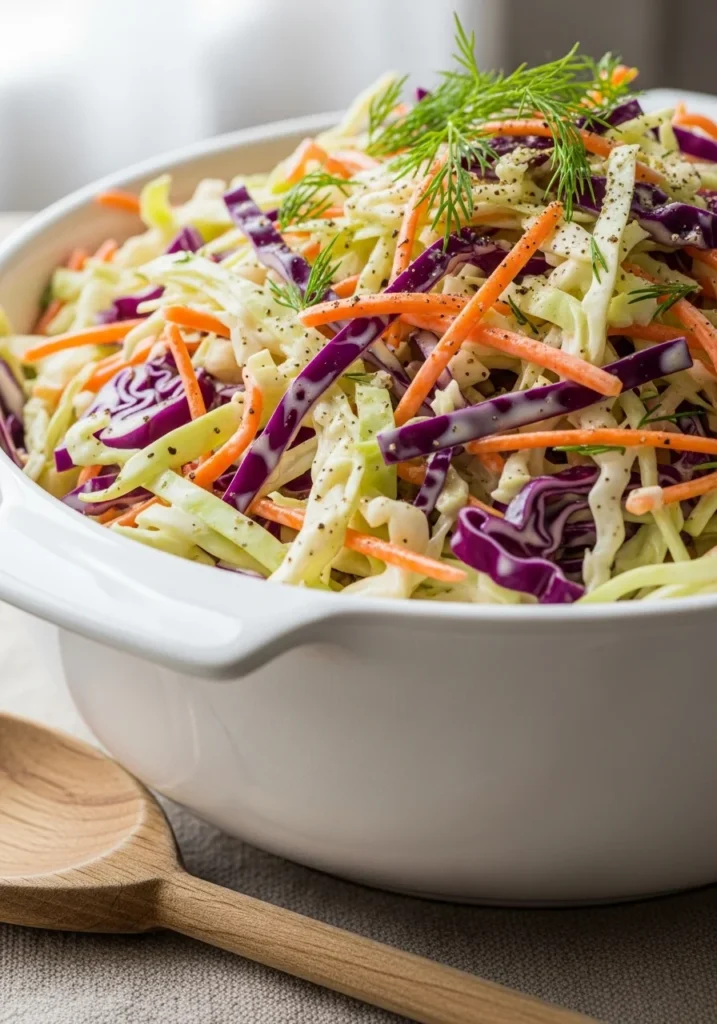 A large white bowl of creamy coleslaw with purple cabbage and fresh dill, a classic BBQ side dish