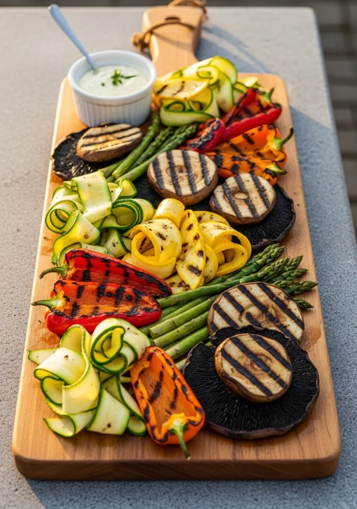 A colorful grilled vegetable platter with zucchini, peppers, and asparagus on a wooden board
