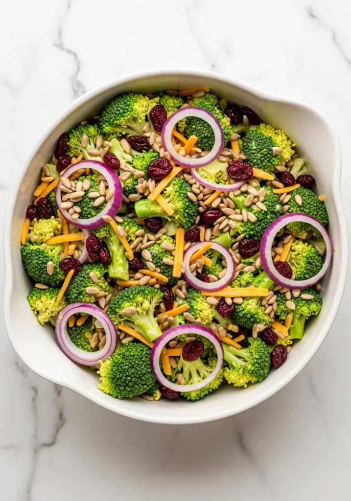 Fresh broccoli salad with cheddar, dried cranberries, and sunflower seeds in a ceramic bowl