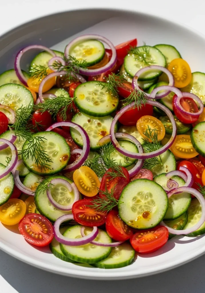 Fresh cucumber tomato salad with dill and olive oil in a wide bowl, a no-cook cookout side dish