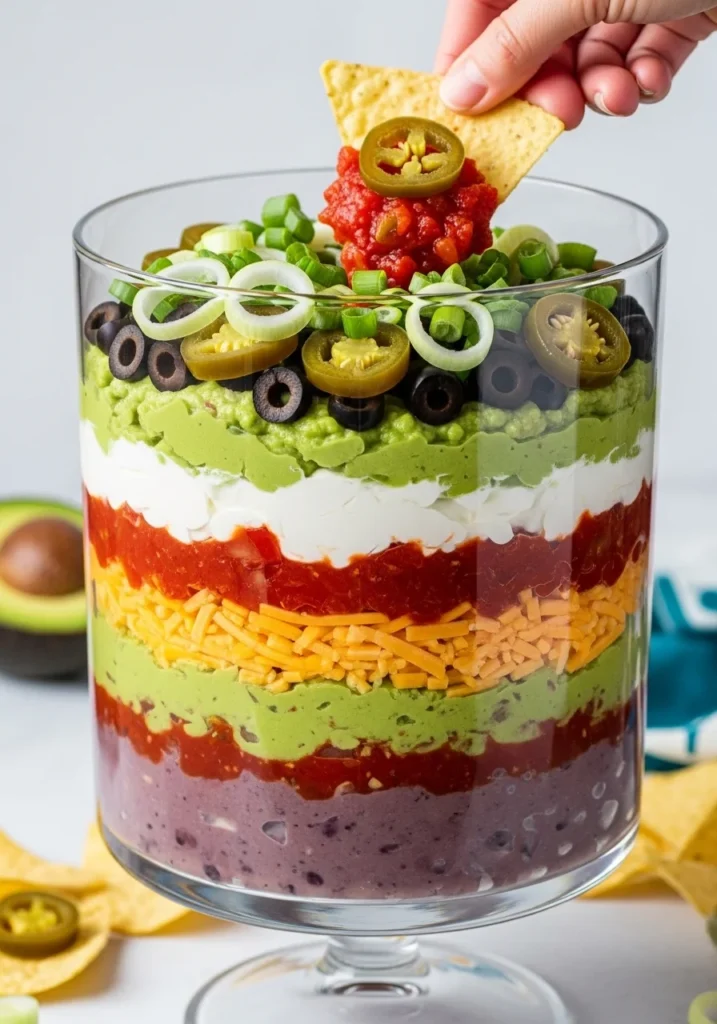 A glass dish of classic 7-layer dip with all colorful layers visible, a no-cook cookout side