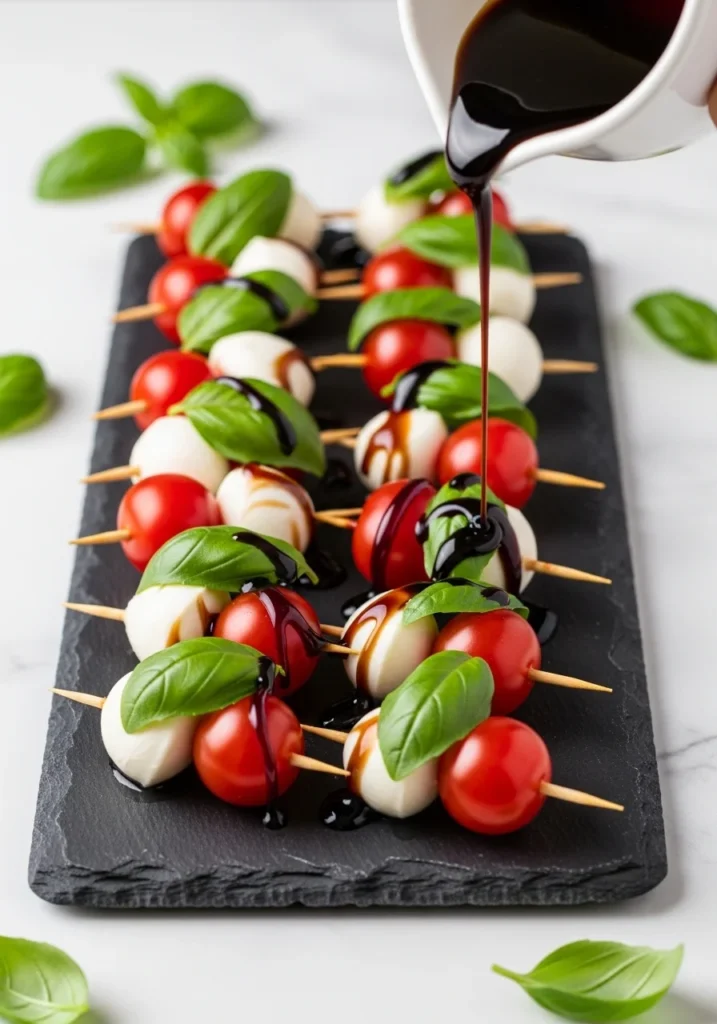 Caprese skewers with mozzarella, cherry tomatoes, and basil drizzled with balsamic glaze on a slate board