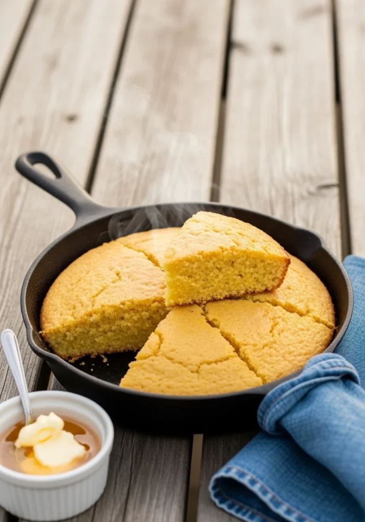 Golden cast-iron skillet cornbread cut into wedges with honey butter on a wooden table