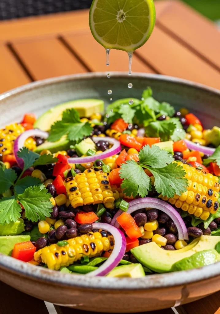 Colorful corn and black bean salsa salad with avocado and cilantro in a large bowl