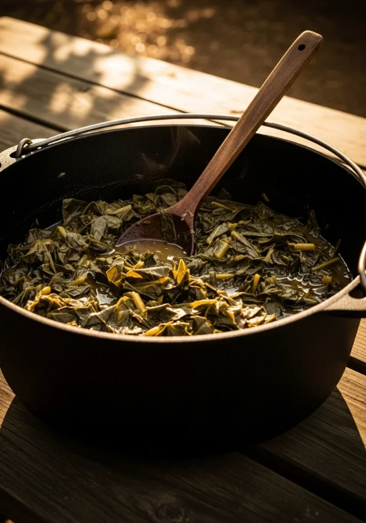 A cast-iron pot of slow-cooked Southern collard greens glistening with pot liquor, a classic BBQ side
