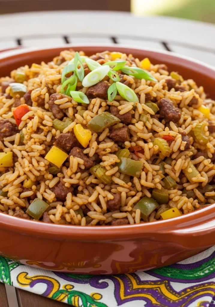 A terracotta bowl of flavorful Creole dirty rice with peppers and green onions, a Southern cookout side