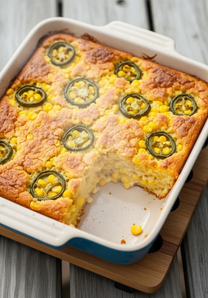 Golden jalapeño corn casserole in a ceramic baking dish with a scoop removed showing creamy interior