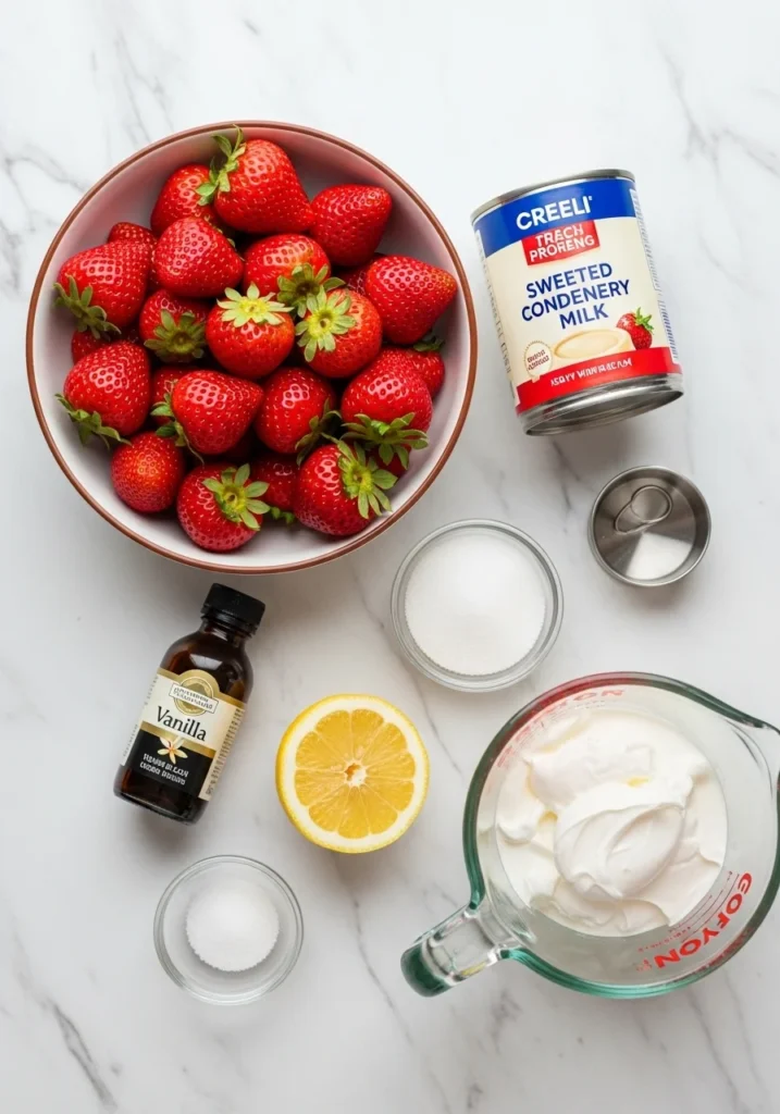 Fresh strawberry ice cream recipe ingredients laid out on a white marble surface