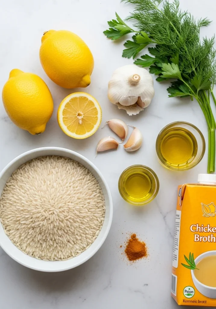 Greek lemon rice ingredients including basmati rice, fresh lemon, garlic, dill, and olive oil on a wooden surface