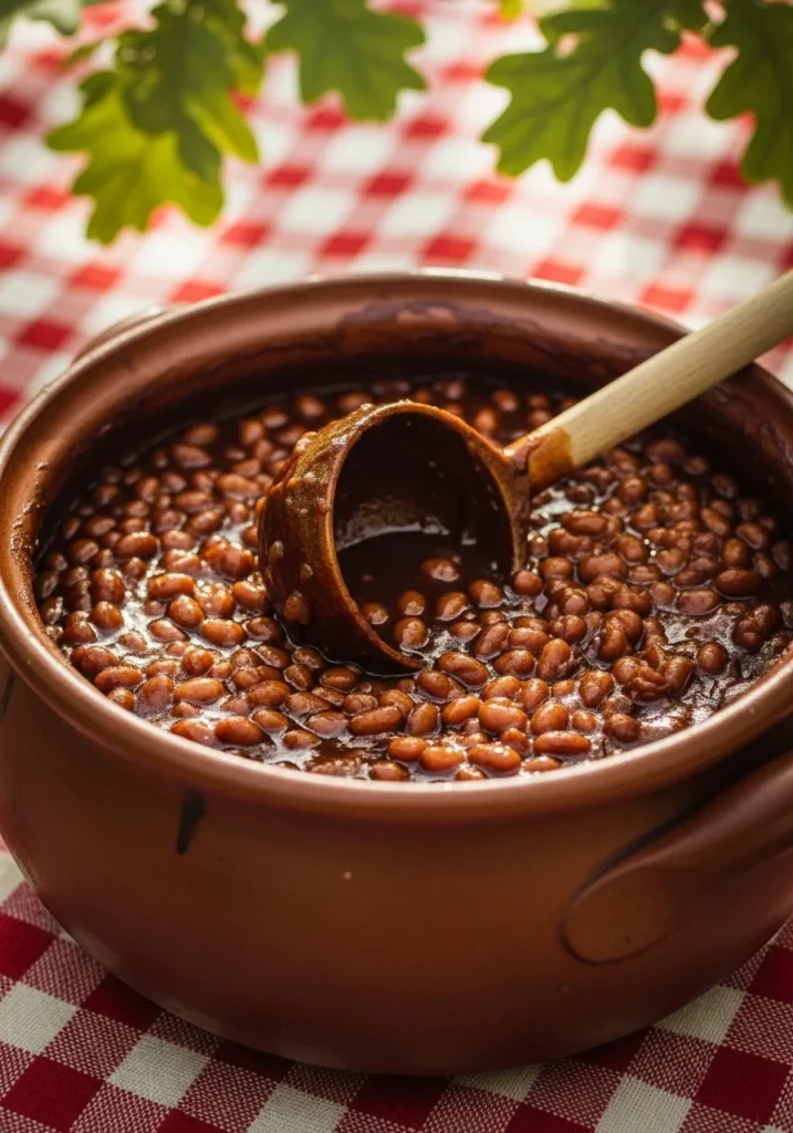 A rustic clay pot of Southern baked beans with a thick molasses glaze, a classic cookout side dish