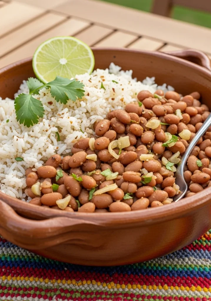 A large bowl of seasoned rice and pinto beans with lime and cilantro, a budget cookout side dish
