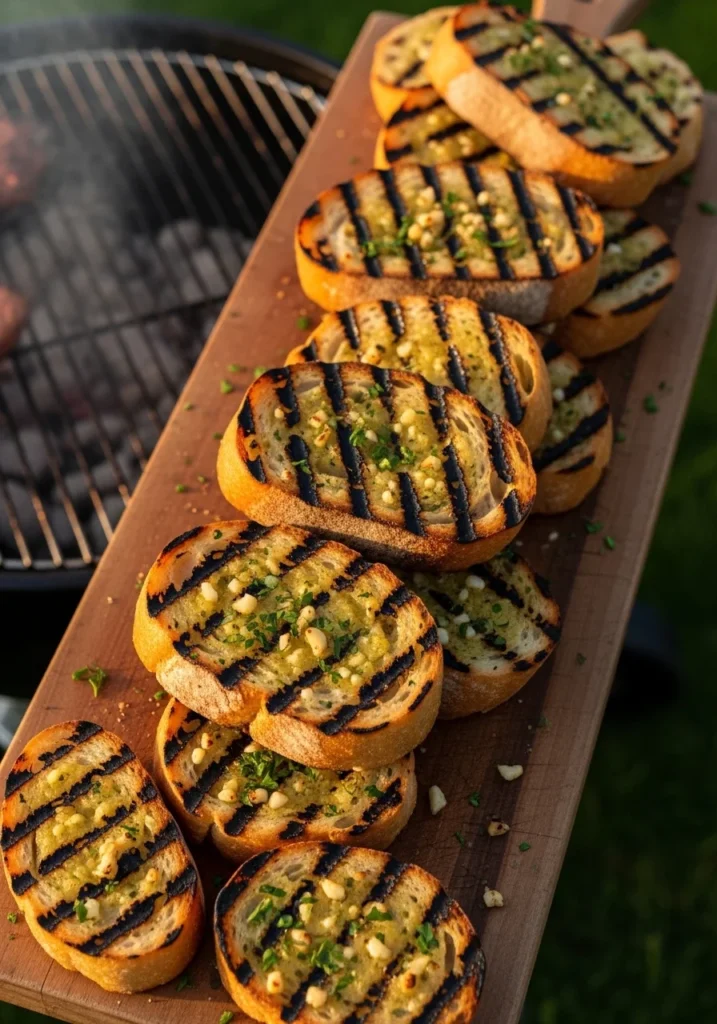 Grilled garlic bread slices on a wooden board with char marks and herb butter, a cookout side dish