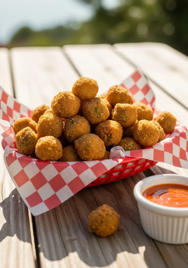 A basket of golden crispy fried okra with cornmeal crust and dipping sauce, a Southern cookout side