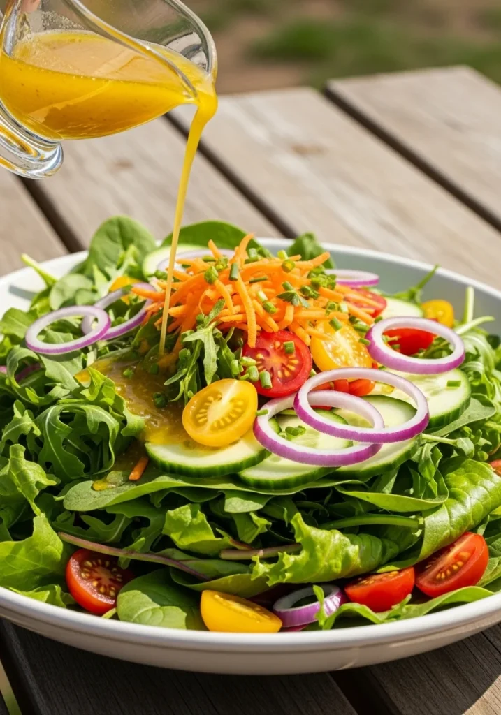 A wide ceramic bowl of fresh green salad with cucumbers, cherry tomatoes, shredded carrots, and homemade vinaigrette being poured over it