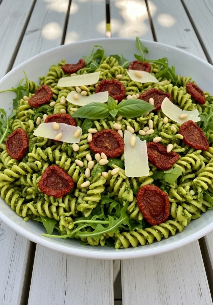A white bowl of vibrant green pesto pasta salad with sun-dried tomatoes and Parmesan shavings