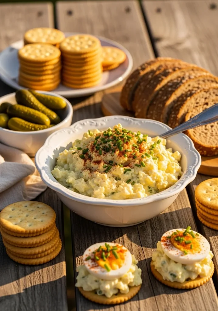A vintage bowl of classic egg salad with paprika garnish on an outdoor picnic table surrounded by crackers and rye bread
